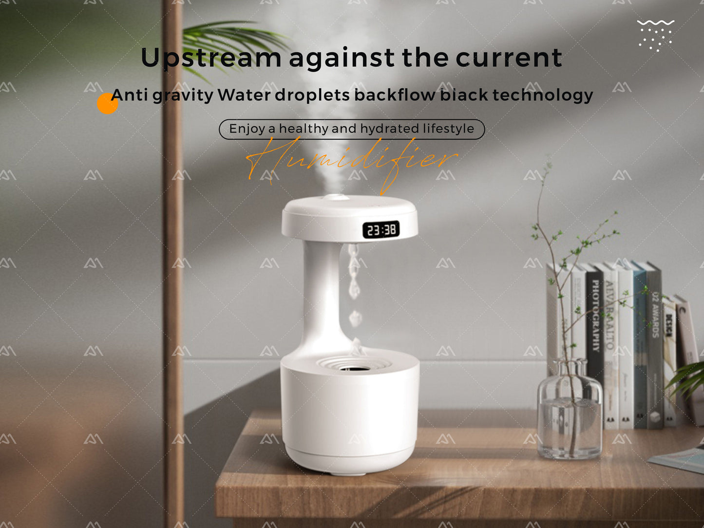 Anti-gravity Humidifier Desktop Mute Clock DisplaySuspended Water Drop Back Flow Creative Aromatherapy Machine Timer and Automatic Off Safety Switch