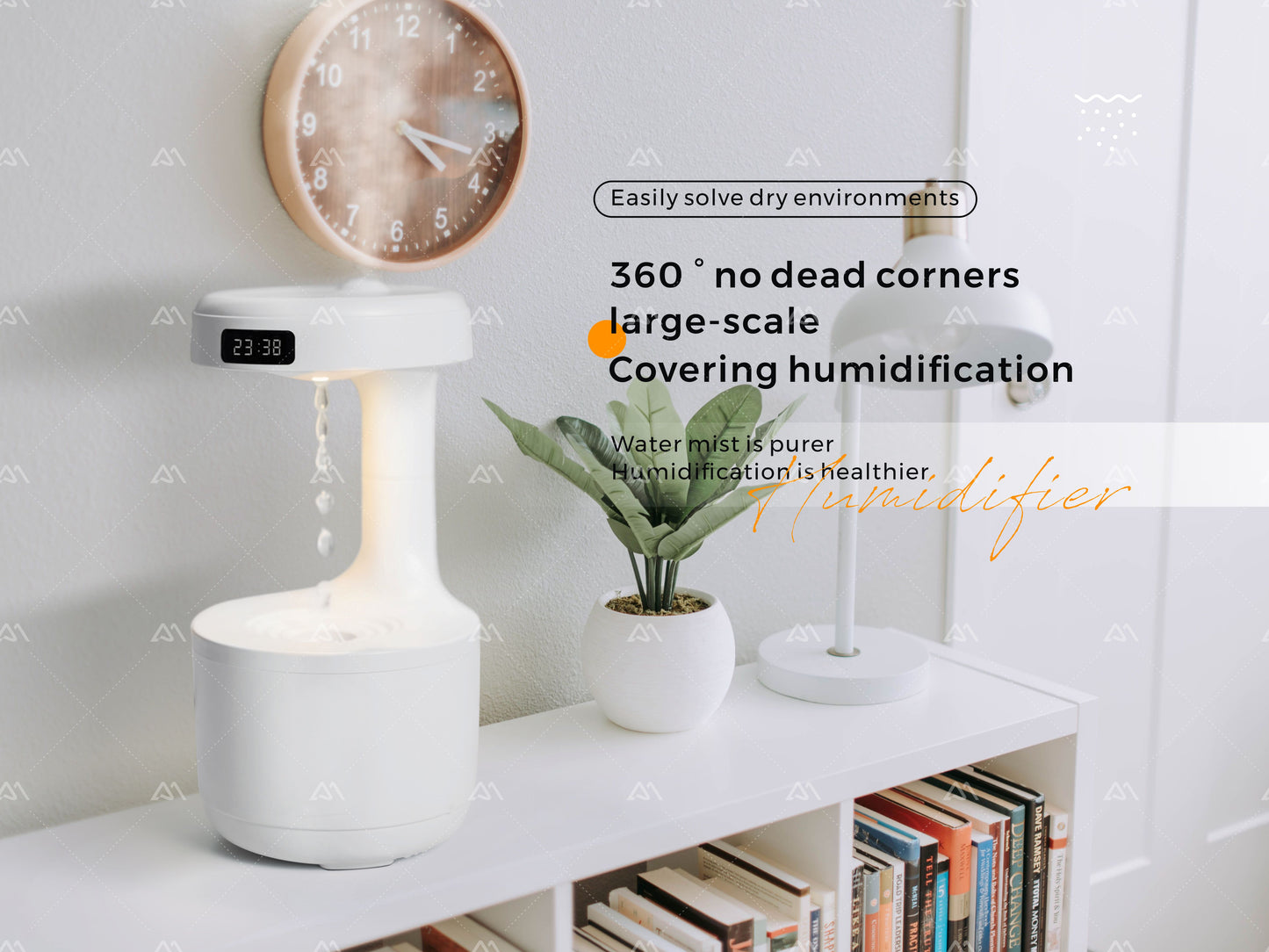 Anti-gravity Humidifier Desktop Mute Clock DisplaySuspended Water Drop Back Flow Creative Aromatherapy Machine Timer and Automatic Off Safety Switch