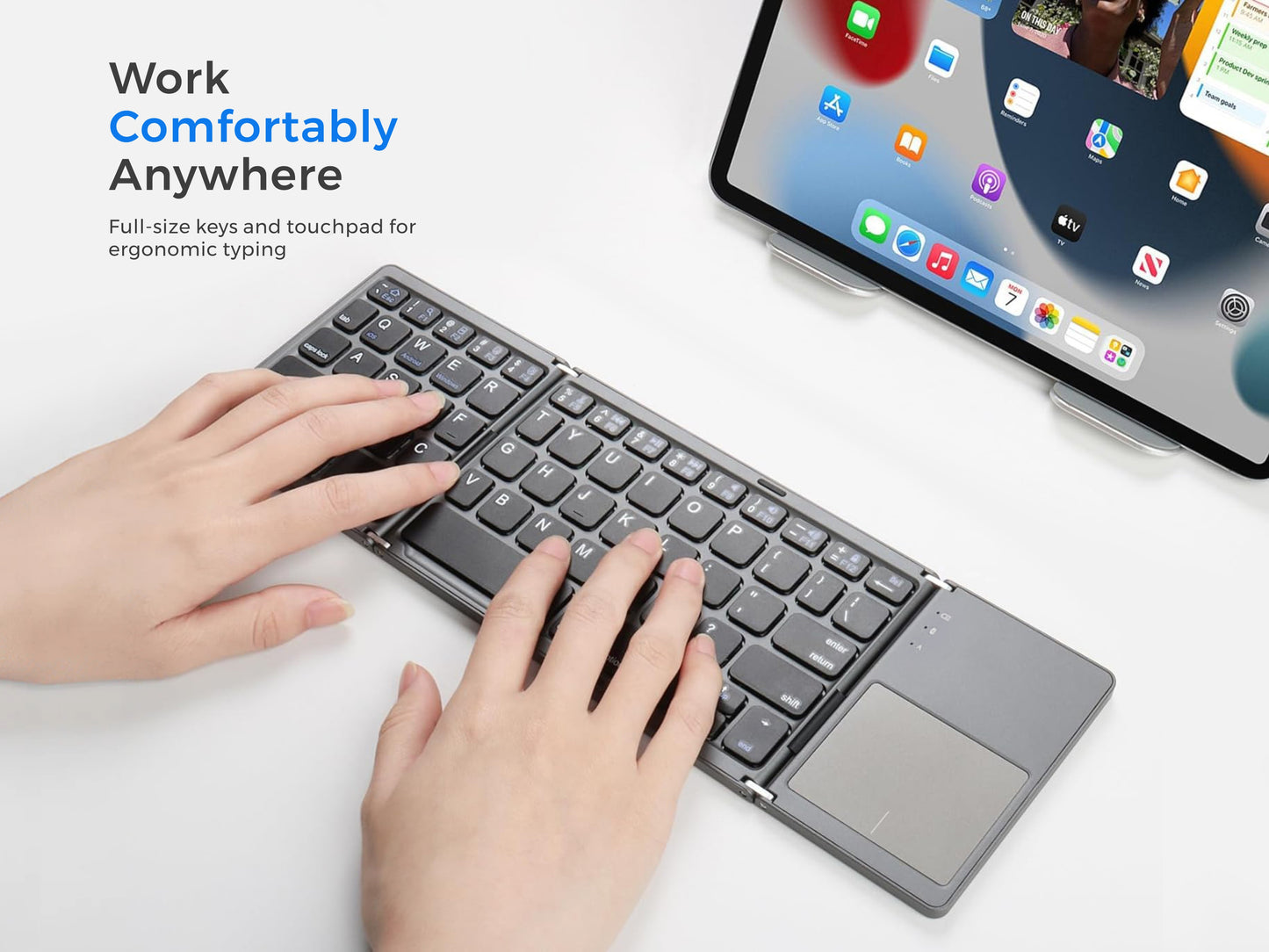 Foldable Bluetooth Wireless Portable Keyboard with Touchpad Rechargeable Full Size Ultra Slim Folding Mini Keyboard for iPhone iPad Mini/Pro/Air iOS Android Smartphones/Tablets and Windows