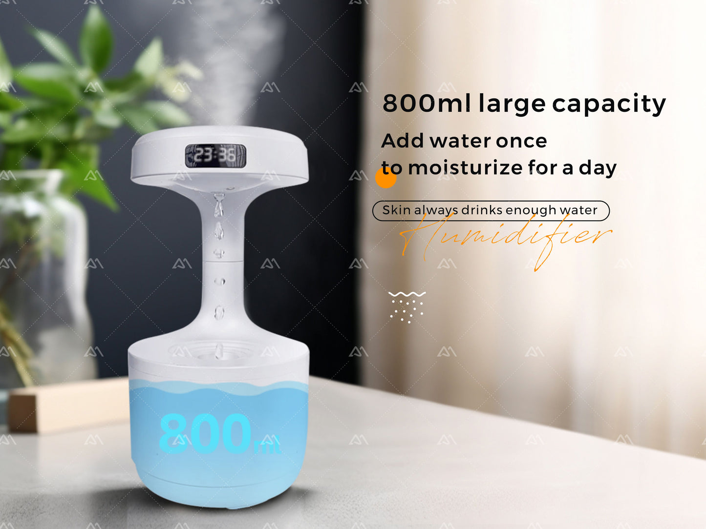 Anti-gravity Humidifier Desktop Mute Clock DisplaySuspended Water Drop Back Flow Creative Aromatherapy Machine Timer and Automatic Off Safety Switch