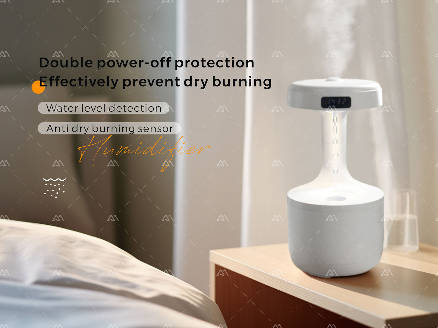 Anti-gravity Humidifier Desktop Mute Clock DisplaySuspended Water Drop Back Flow Creative Aromatherapy Machine Timer and Automatic Off Safety Switch