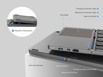 Foldable Bluetooth Wireless Portable Keyboard with Touchpad Rechargeable Full Size Ultra Slim Folding Mini Keyboard for iPhone iPad Mini/Pro/Air iOS Android Smartphones/Tablets and Windows